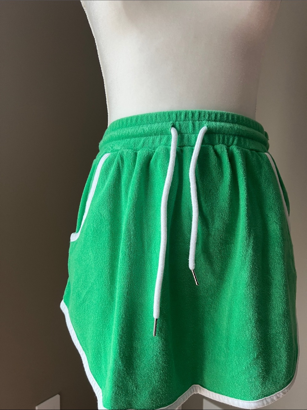 Green Terry Cloth Drawstring Skirt with White Trim